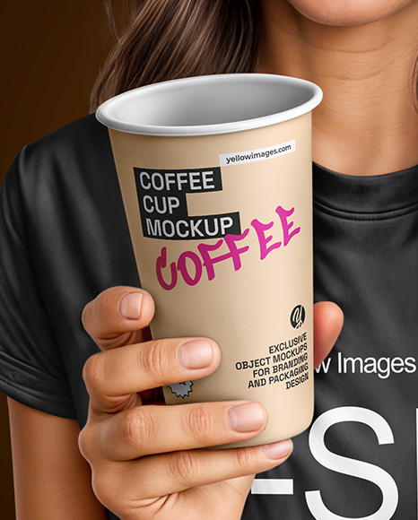 Woman Wearing a T-shirt Holding 16oz Paper Cup Mockup