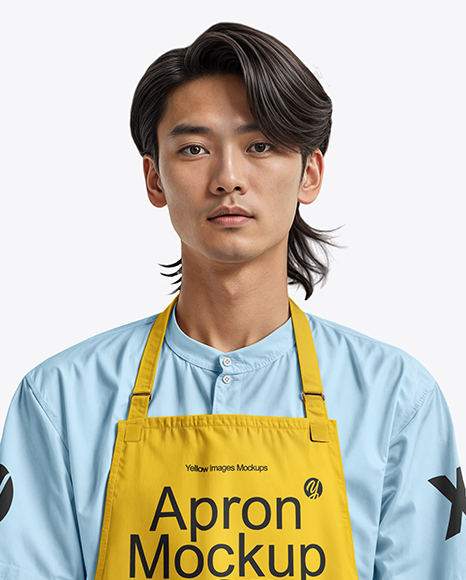 Asian Man Wearing Apron and Mandarin Neck Shirt Mockup