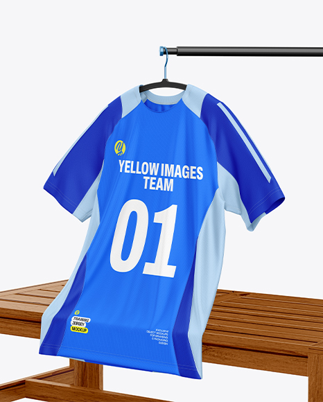 Training Jersey on Hanger Over Wooden Bench Mockup