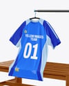 Training Jersey on Hanger Over Wooden Bench Mockup