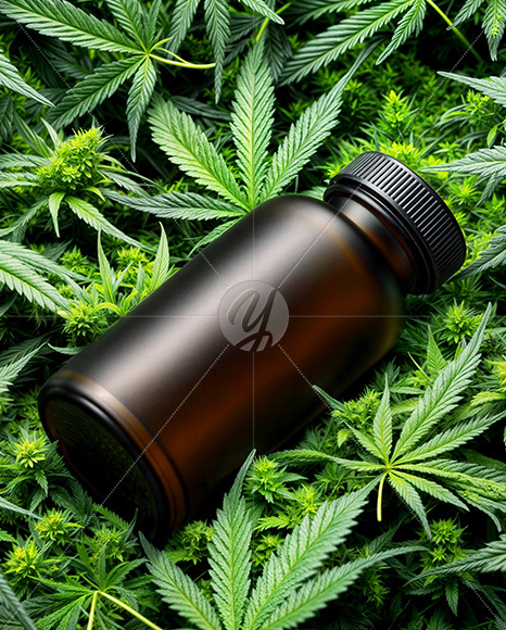 Amber Supplements Bottle on a Hemp Leaves Mockup