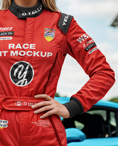 Woman Wearing Racing Kit With Racing Car Mockup