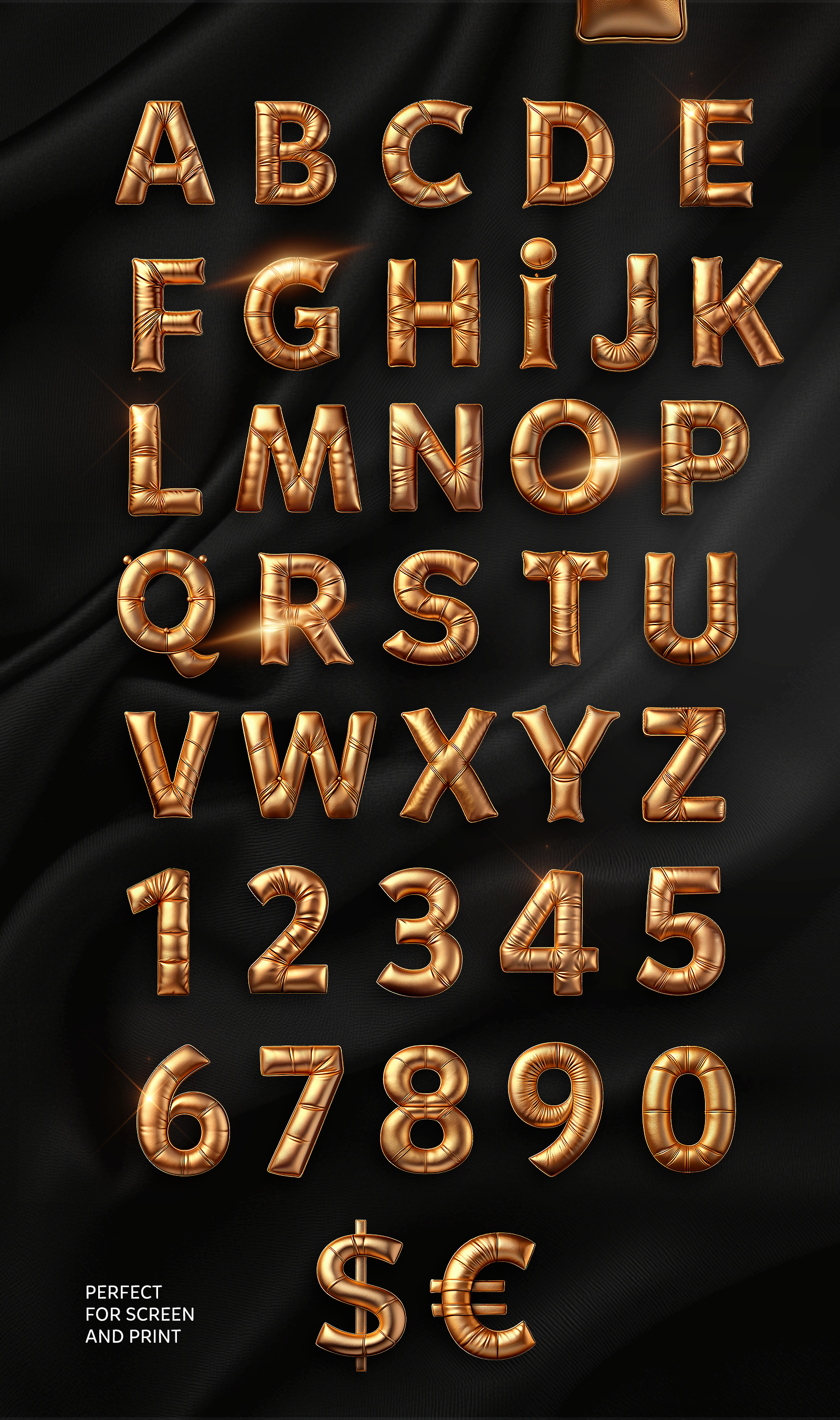 Mister Gold Font: Geometric Gold Pillow Leather Alphabet