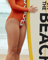 Woman Wearing Bodysuit Holding Surfboard Mockup