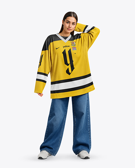 Woman Wearing Ice Hockey Jersey Mockup