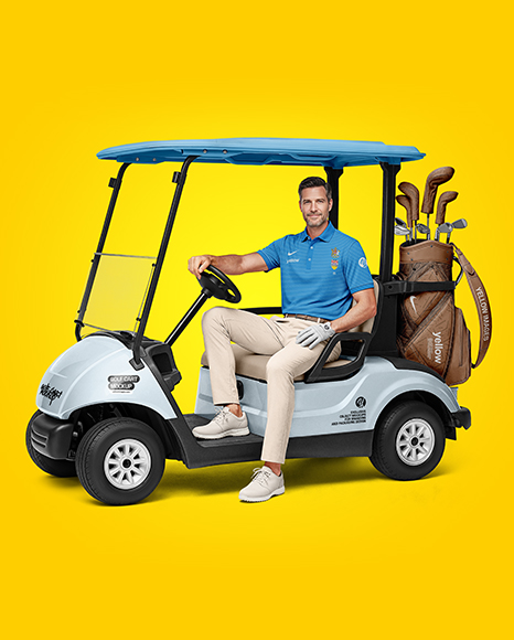 Man Wearing Polo and Chinos on Golf Cart Mockup