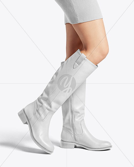 Pair of High-Knee Boots on Women's Legs with Dress Mockup