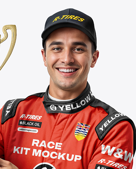 Man Wearing Racing Kit With Cup Mockup