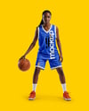 Female Basketball Player Wearing a V-Neck Jersey and Shorts Mockup