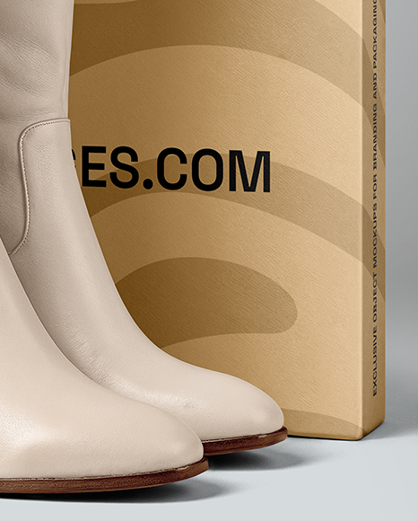 Pair of Women's High-Knee Boot with Shoe Box Mockup
