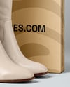 Pair of Women's High-Knee Boot with Shoe Box Mockup