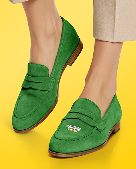 Pair of Suede Loafers on Woman's Legs Mockup