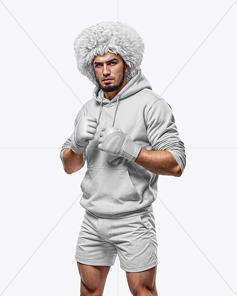 Male UFC Fighter Wearing Hoodie and Papakha Hat Mockup