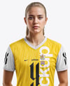 Woman Wearing Soccer V-Neck Jersey and Shorts Mockup