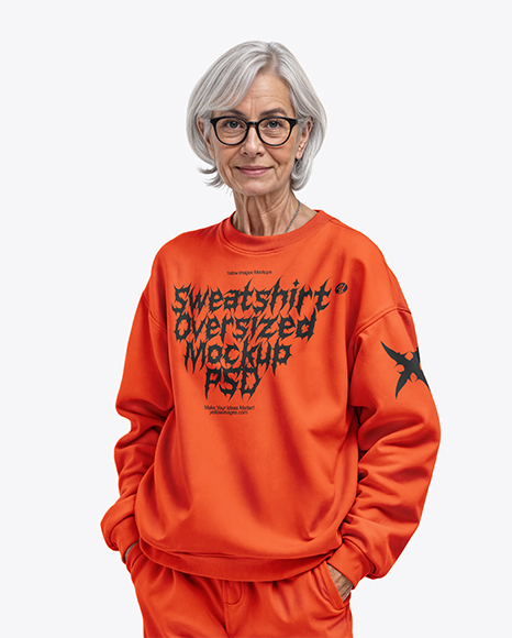 Elderly Woman in Glasses Wearing Sweatshirt & Sweatpants Mockup - Blank sweatshirt mockup