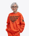 Elderly Woman in Glasses Wearing Sweatshirt & Sweatpants Mockup