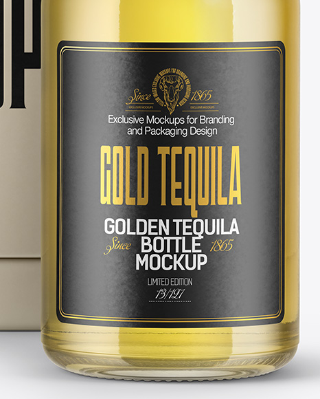 Golden Tequila Bottle with Box Mockup