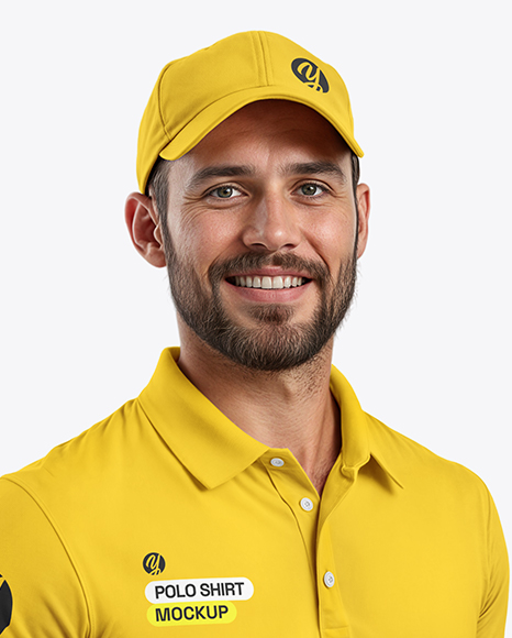 Delivery Man Wearing Polo Shirt and Cap Holding Box Mockup