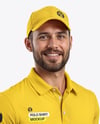Delivery Man Wearing Polo Shirt and Cap Holding Box Mockup
