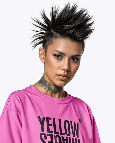 Woman with Mohawk & Tattoo Wearing T-shirt and Ripped Jeans Mockup
