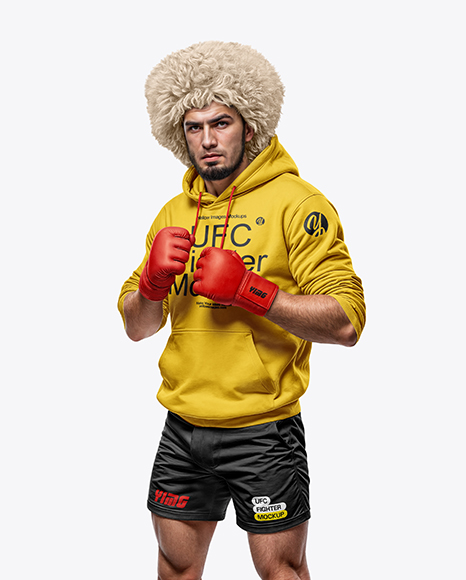 Male UFC Fighter Wearing Hoodie and Papakha Hat Mockup - Crop top hoodie mockup