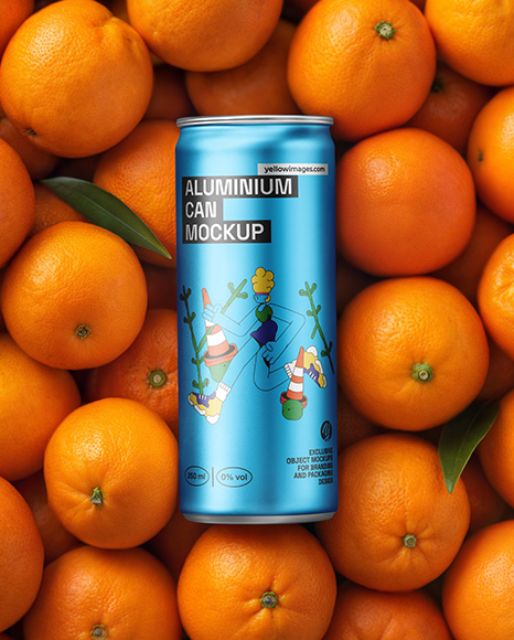 8.5oz Slim Drink Can on a Stack of Oranges Mockup - Metal can mockup