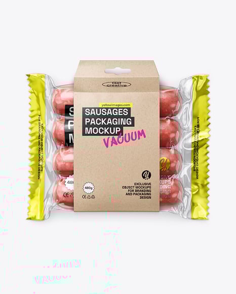 Clear Plastic Flow-Pack with Sausages in Kraft Paper Holder Mockup