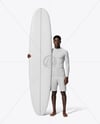 Man Wearing Rashguard Jersey and Shorts with Surfboard Mockup