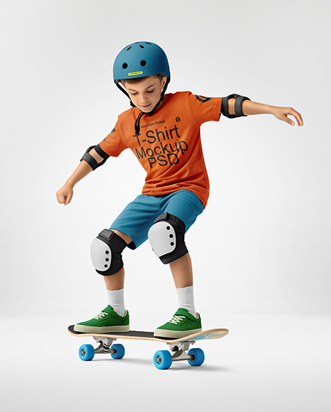 Boy Wearing T-Shirt and Shorts with Skateboard Mockup
