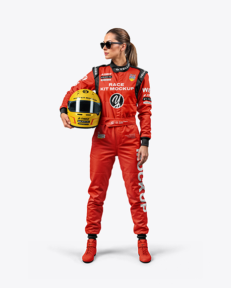 Woman Wearing Full Racing Kit Mockup - Kit mockup psd