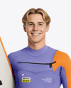 Surfer Wearing Wetsuit with Longboard Mockup