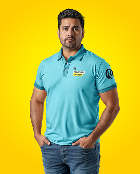 Plus Size Male Model Wearing Polo Shirt and Jeans Mockup