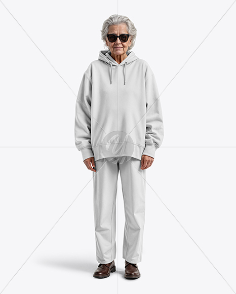 Old Woman Wearing Oversized Hoodie & Sweatpants Mockup