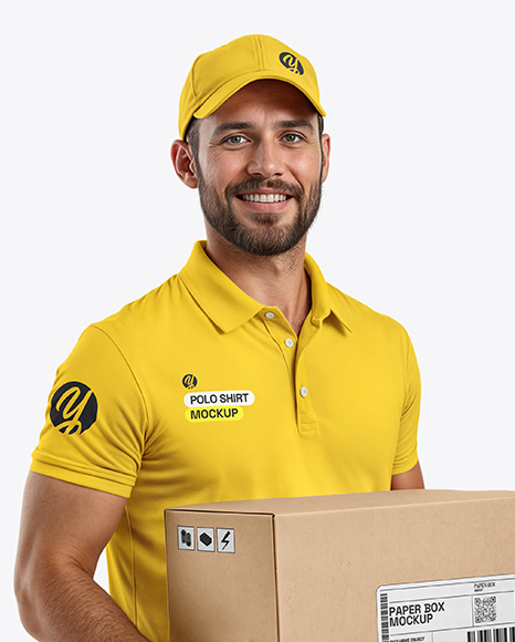 Delivery Man Wearing Polo Shirt and Cap Holding Box Mockup