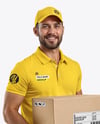 Delivery Man Wearing Polo Shirt and Cap Holding Box Mockup