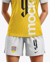 Woman Wearing Raglan Soccer Jersey and Shorts Mockup