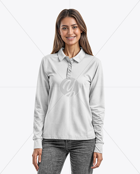 Woman Wearing Long Sleeve Polo Shirt and Jeans Mockup