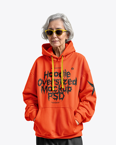 Old Woman Wearing Oversize Hoodie & Sweatpants Mockup - Dark grey hoodie mockup