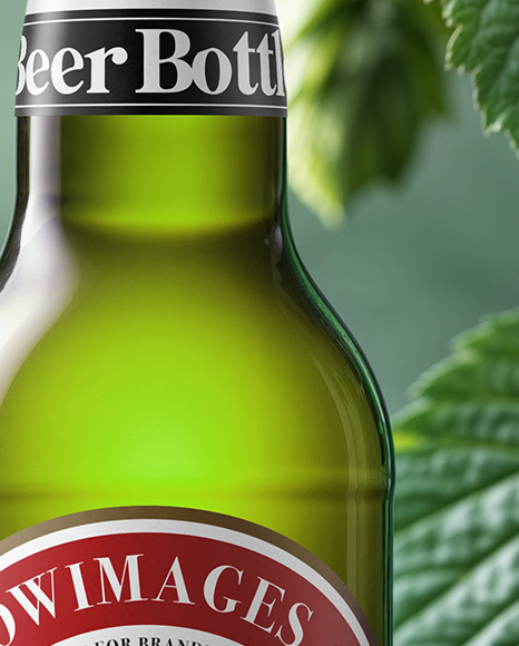 Beer Bottle Surrounded by Hops Branches Mockup