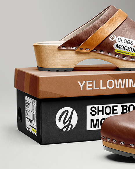 Pair of Clogs with Shoe Box Mockup