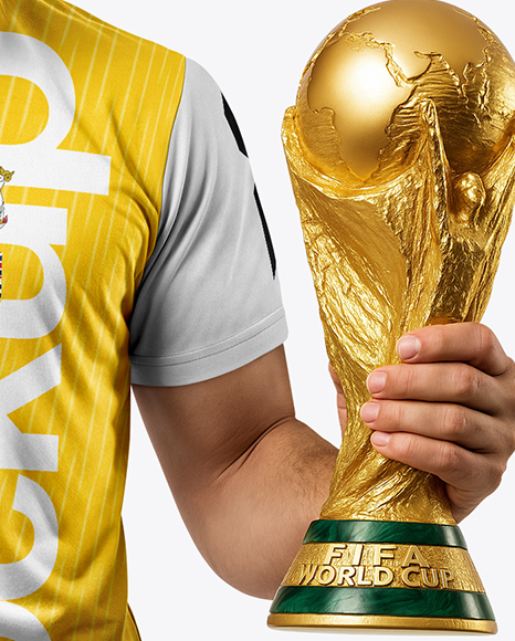 Man Wearing Soccer Jersey and Shorts Holds Cup Mockup