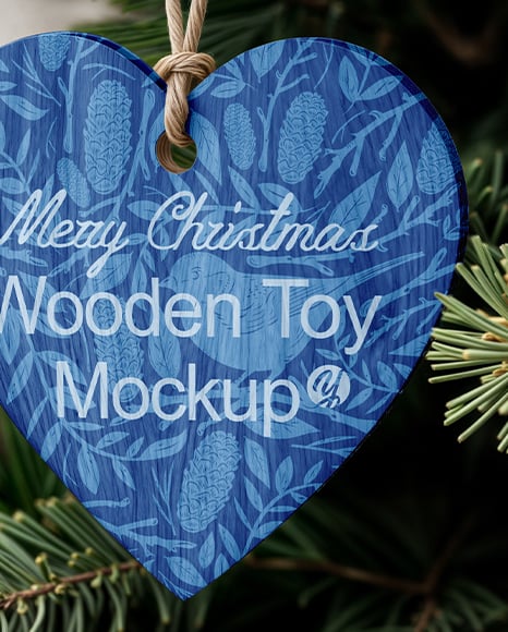 Wooden Heart Shaped Toy on Christmas Tree Mockup