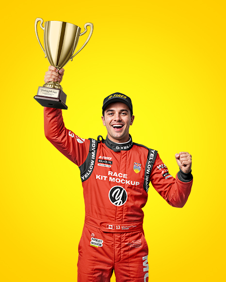 Man Wearing Racing Kit With Cup Mockup