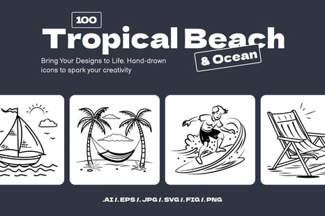 Tropical, Beach, and Ocean Doodles