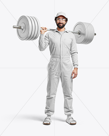 Powerlifter Wearing Janitor Uniform and Cap with Barbell Mockup