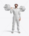 Powerlifter Wearing Janitor Uniform and Cap with Barbell Mockup