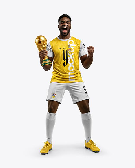 Soccer Player Wearing Jersey and Shorts Holds Cup Mockup - Jersey t shirt mockup