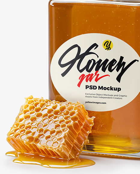 Square Clear Glass Jar with Clover Honey Mockup