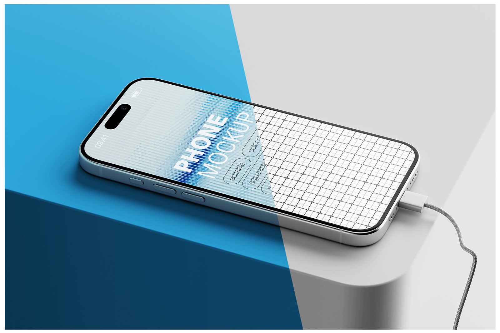 iPhone Pro with Charging Cable Mockup Set