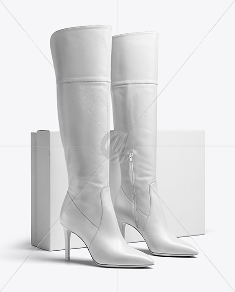 Pair of Over-The-Knee Boots with Shoe Box Mockup
